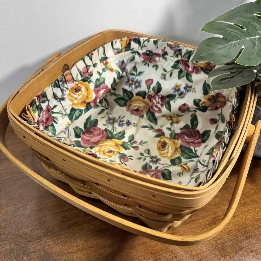 Longaberger Handwoven Wood Basket with Floral Liner Swing Handle Dresden Ohio